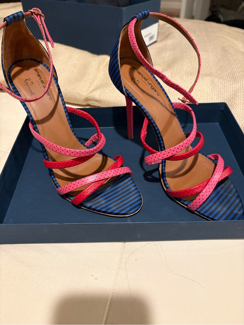 Malone   Emanuel Ungaro Blue and Pink Strappy Stiletto Sandals